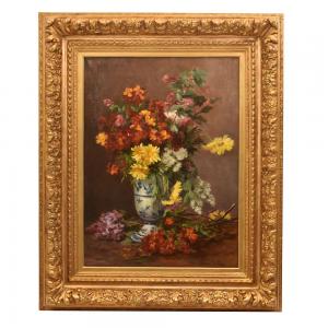 DIPINTI ANTICHI DI FIORI, NATURE MORTE CON MARGHERITE E LILLÁ, OLIO SU TELA, DELL 800. 